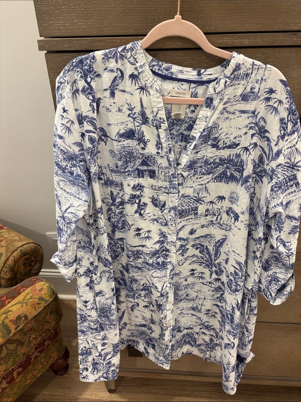 Joie White and Blue Printed Linen Blend Tunic Dress
